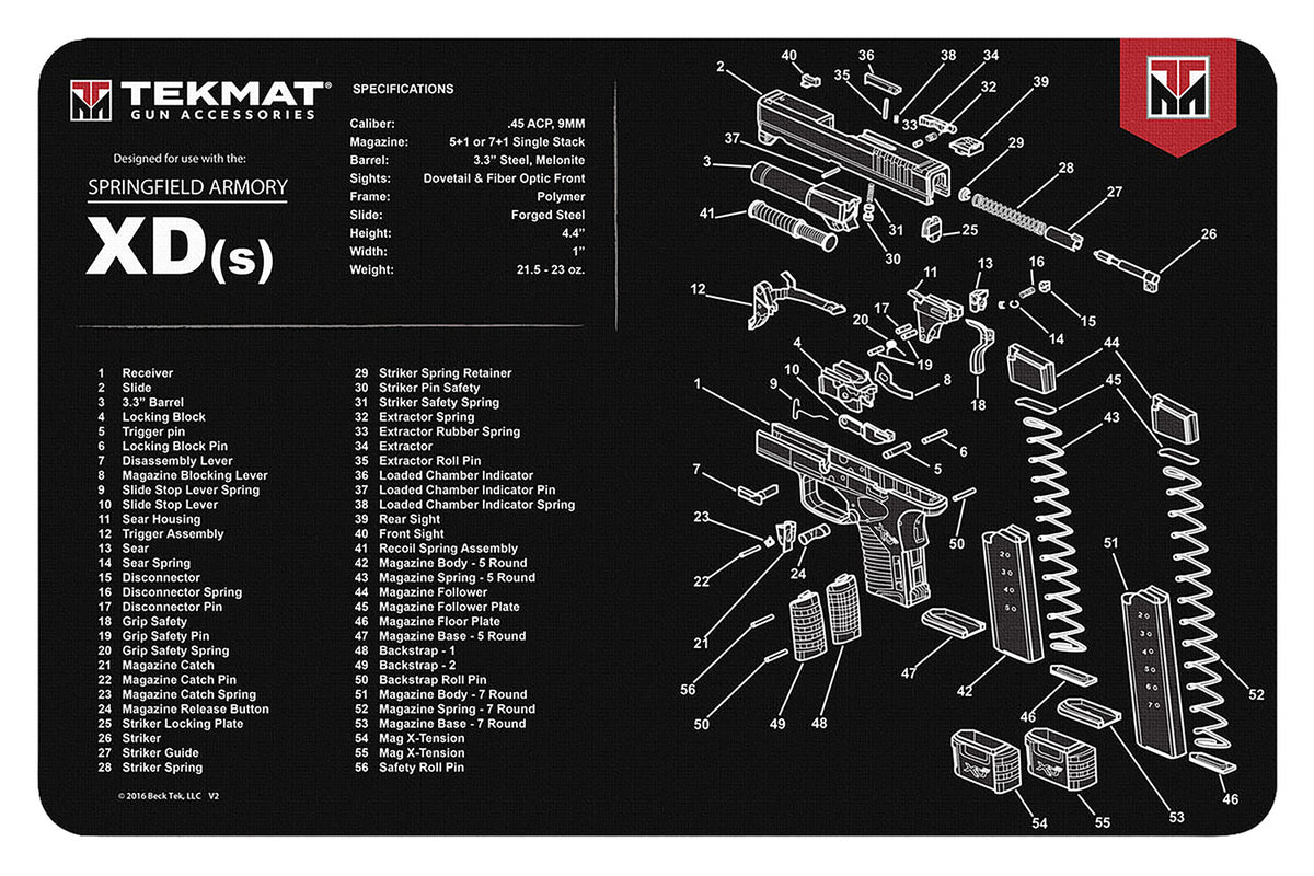 TekMat Springfield Armory XDs Gun Cleaning Mat 11"x17" Black/White Rubber with Parts Diagram