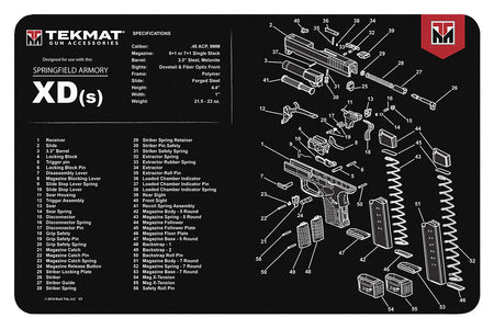 TekMat Springfield Armory XDs Gun Cleaning Mat 11"x17" Black/White Rubber with Parts Diagram