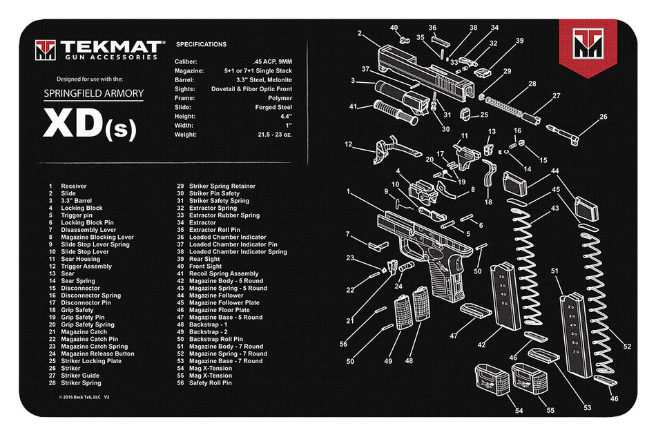 TekMat Springfield Armory XDs Gun Cleaning Mat 11"x17" Black/White Rubber with Parts Diagram