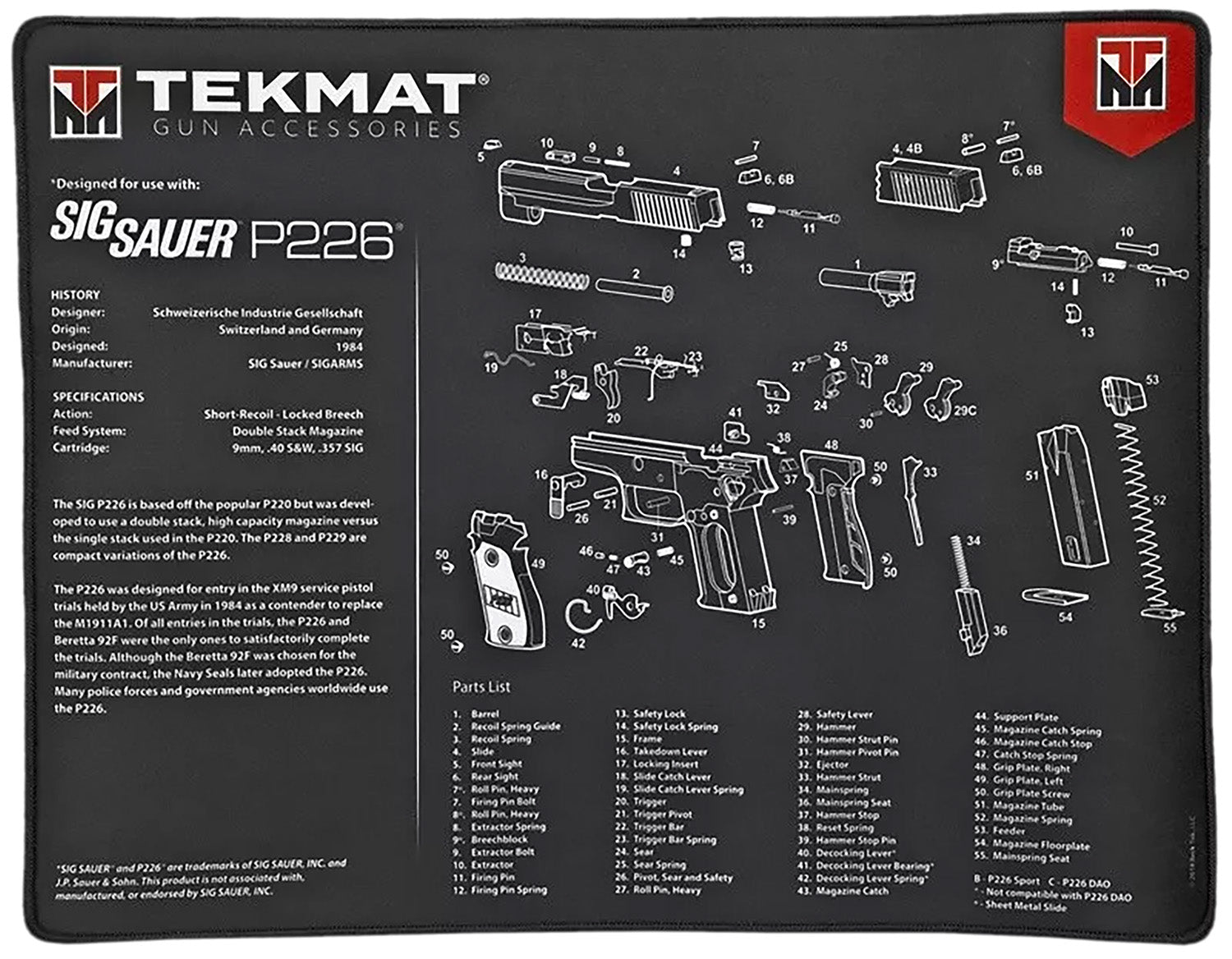 TekMat Sig Sauer P226 Ultra 20 Gun Cleaning Mat 15"x20" Black/White Rubber with Parts Diagram