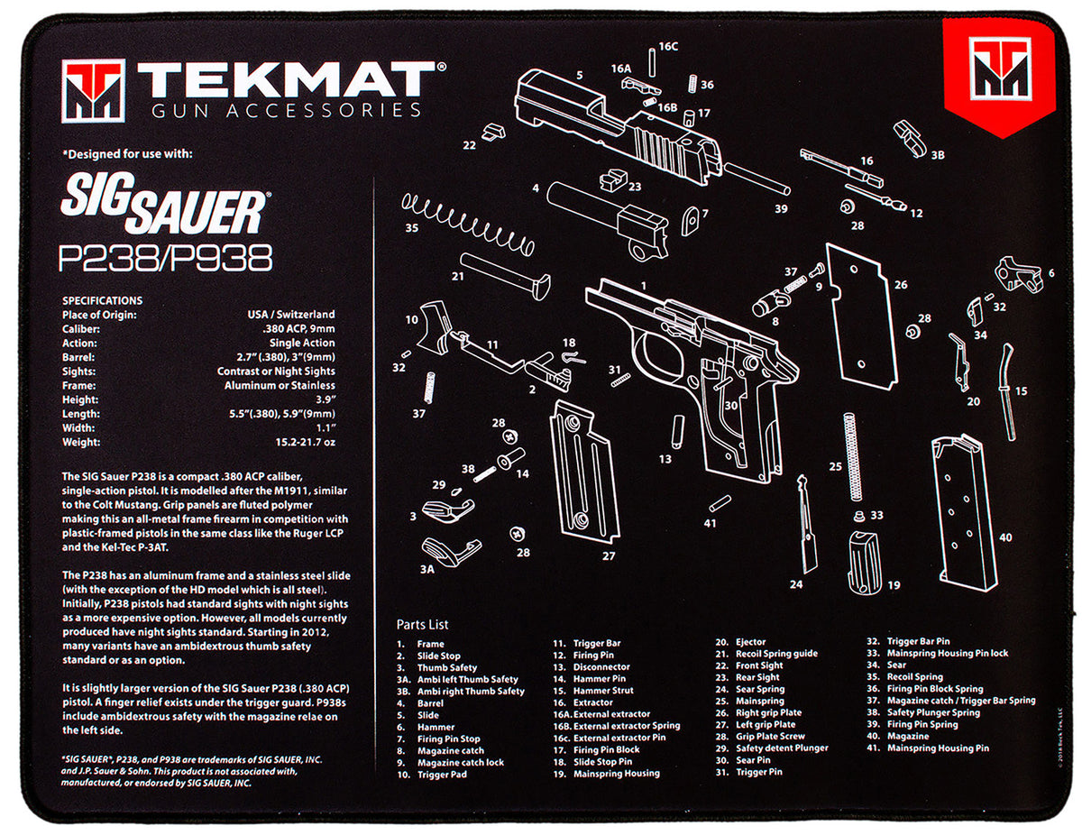 TekMat Sig Sauer P238 Ultra 20 Gun Cleaning Mat 15"x20" Black/White Rubber with Parts Diagram