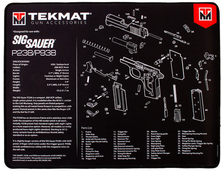 TekMat Sig Sauer P238 Ultra 20 Gun Cleaning Mat 15"x20" Black/White Rubber with Parts Diagram