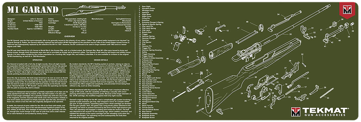 TekMat M1 Garand Cleaning Mat OD Green 12"x36" with Parts Diagram