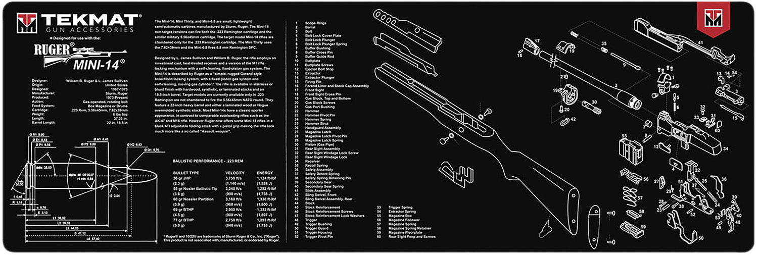 TekMat Ruger Mini-14 Cleaning Mat Black/White Rubber 12"x36" with Parts Diagram