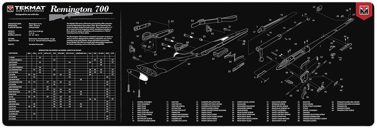 TekMat Remington 700 Cleaning Mat Black/White Rubber 12"x36" with Parts Diagram