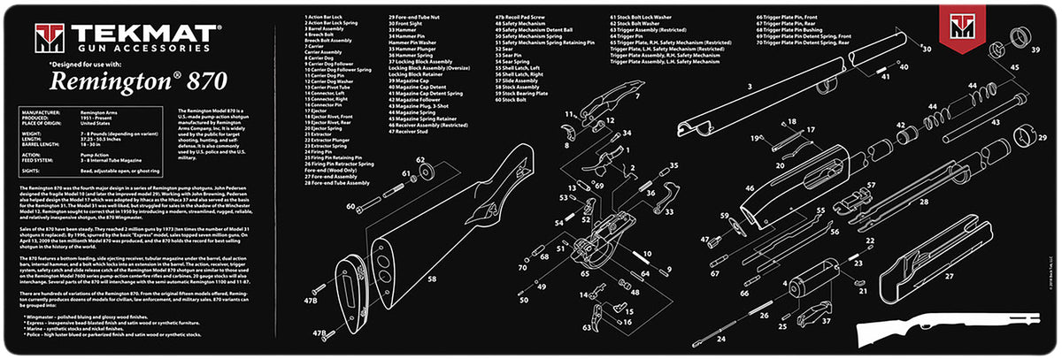 TekMat Remington 870 Cleaning Mat Black/White Rubber 12"x36" with Parts Diagram