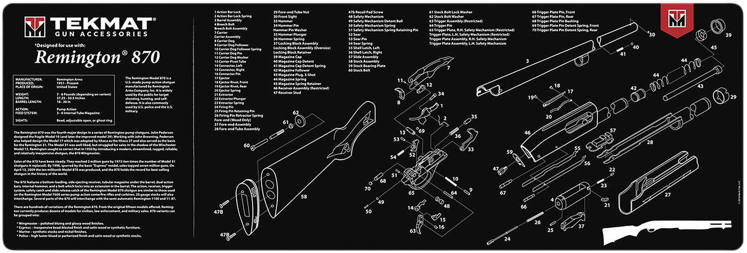TekMat Remington 870 Cleaning Mat Black/White Rubber 12"x36" with Parts Diagram