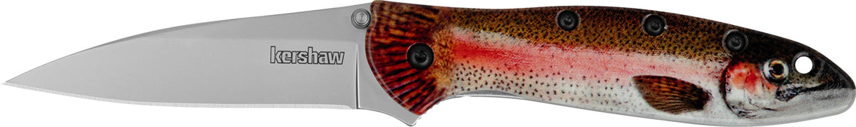 Kershaw 1660TROUT Leek Trout EDC 3" Folding Knife Drop Point Bead Blasted 14C28N Blade, Rainbow Trout UFI Aluminum Handle