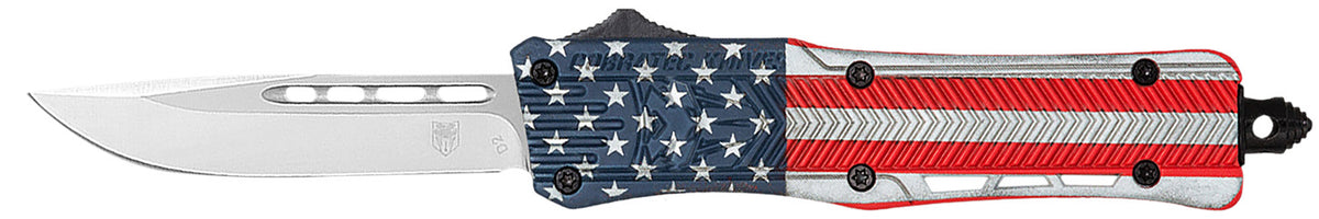 CobraTec CTK-1 Medium OTF Knife 3" Drop Point D2 Blade Red/White/Blue Flag Cerakote Handle