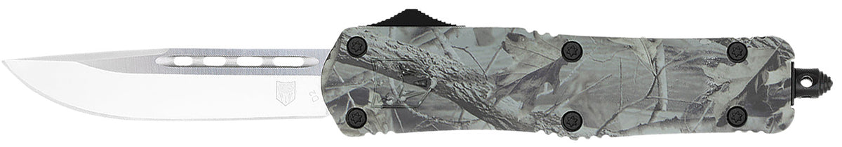 CobraTec FS-3 Medium OTF Knife 3" Drop Point D2 Blade Woodland Camo Aluminum Handle