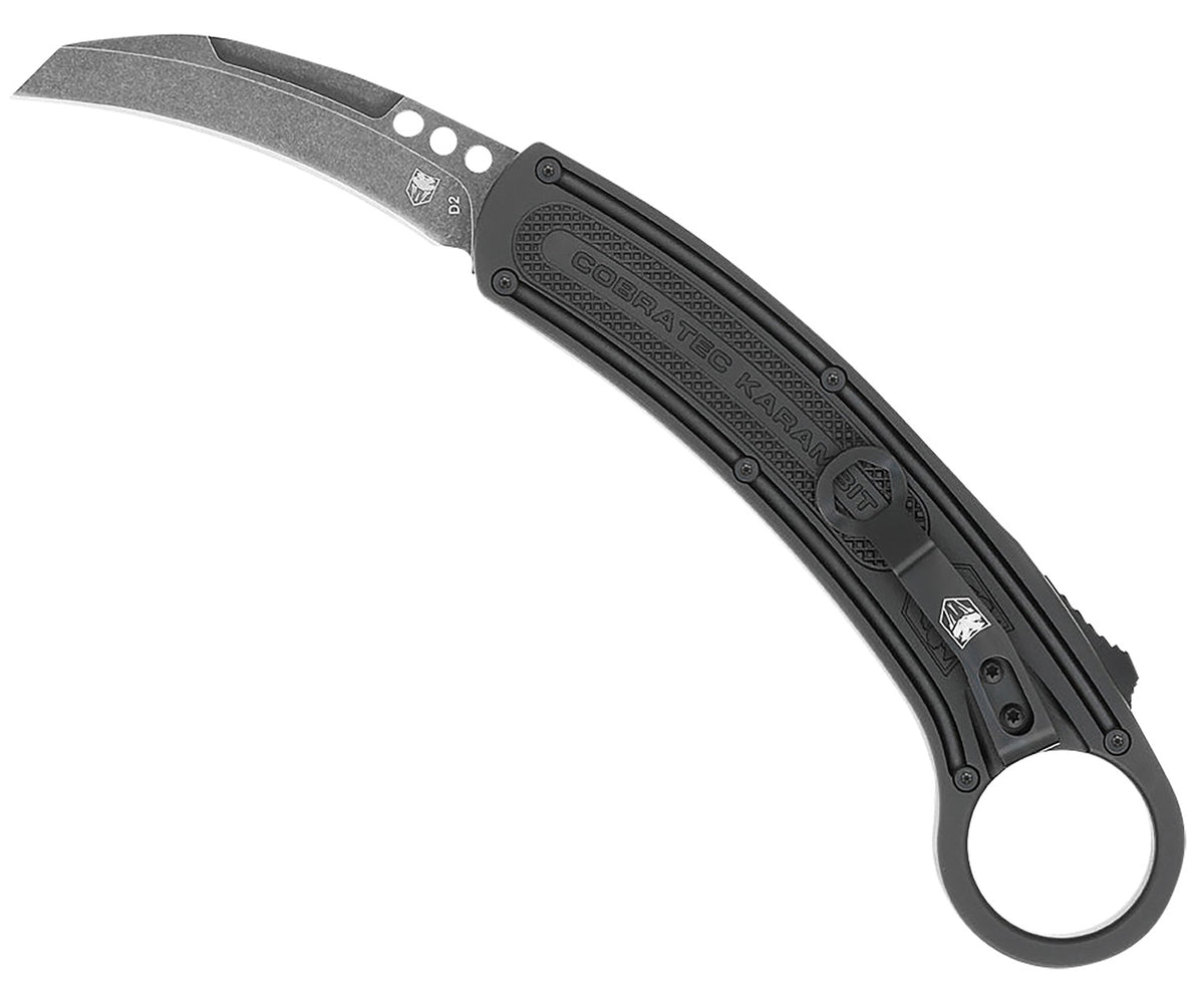 CobraTec CTBKRH Karambit 2.75" Folding OTF Stonewashed D2 Steel Blade Black Anodized Aluminum Handle w/Finger Ring