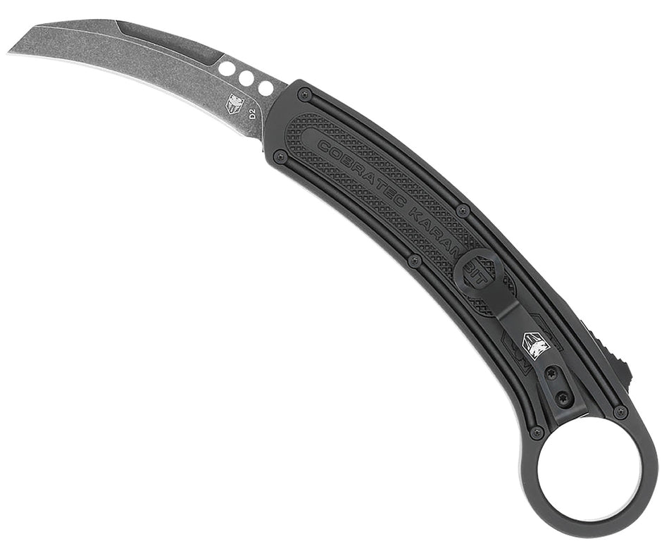 CobraTec CTBKRH Karambit 2.75" Folding OTF Stonewashed D2 Steel Blade Black Anodized Aluminum Handle w/Finger Ring
