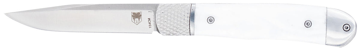 CobraTec CTTHRWTABA154CM Trapper Small 3.13" Folding Plain 154CM SS Blade White Abalone Scales Handle