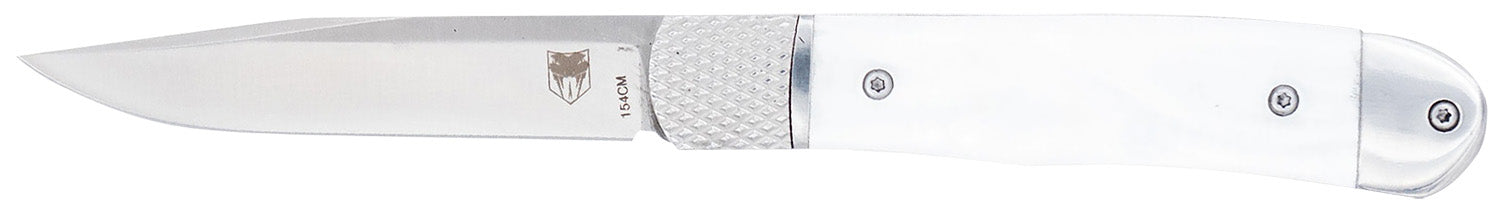 CobraTec CTTHRWTABA154CM Trapper Small 3.13" Folding Plain 154CM SS Blade White Abalone Scales Handle