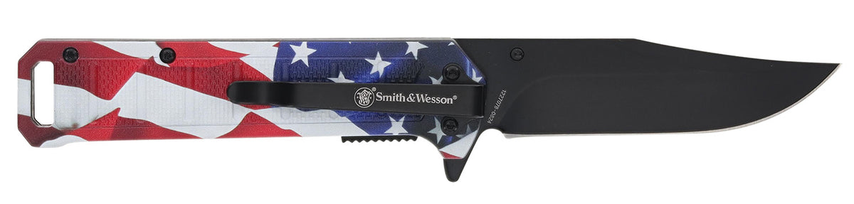 Smith & Wesson 1227078 America's Heroes Folding Knife 3.40" Plain Black Oxide Blade US Flag Handle with Bullet Knife and Gift Tin
