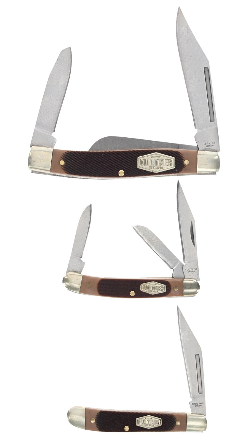 Old Timer Q4 Combo Folding Knife Plain Satin Stainless Steel Blade with Sawcut Polymer Handle