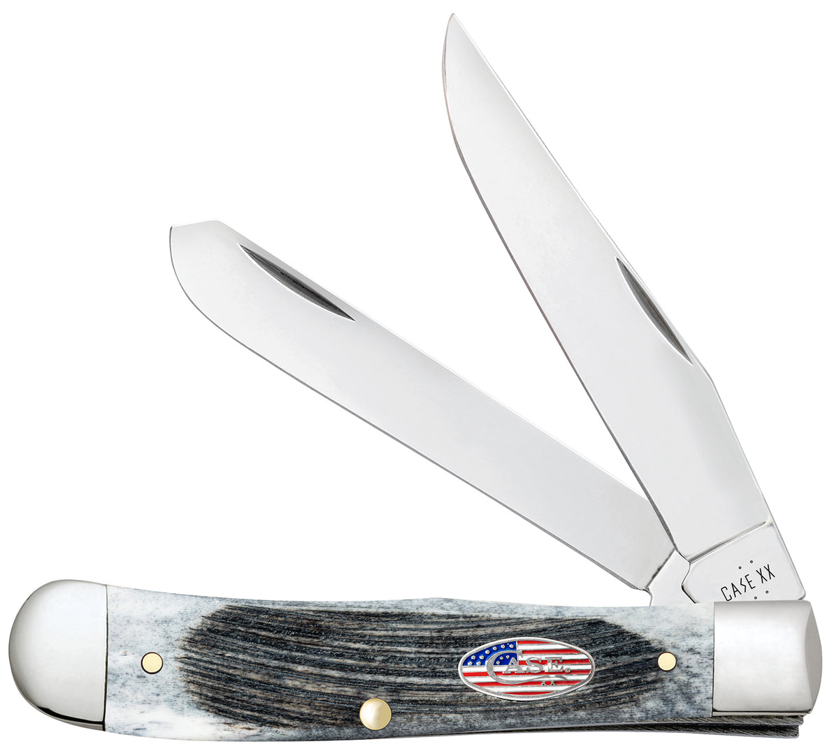 Case 53060 Trapper Stars & Stripes Folding Knife, Clip/Spey Tru-Sharp SS Blades, Sawcut Jig Gray Bone Handle