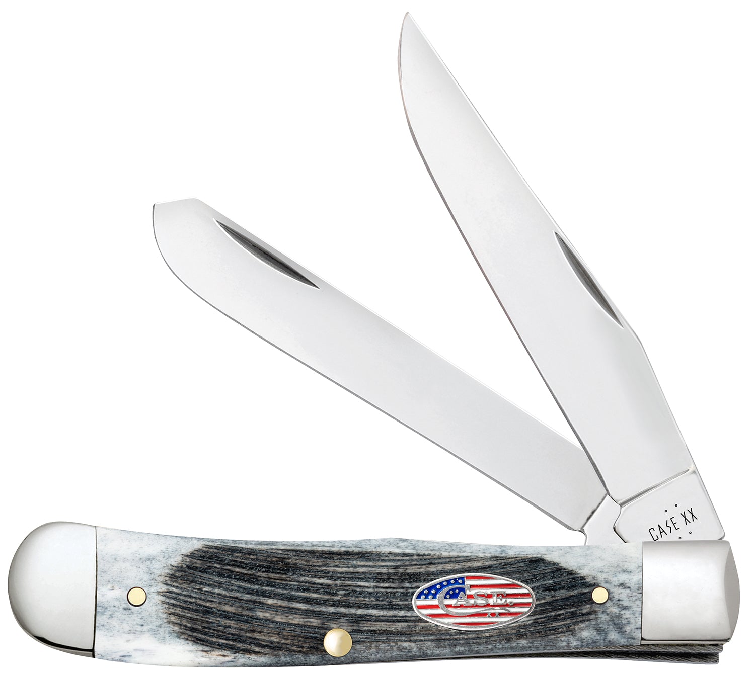 Case 53060 Trapper Stars & Stripes Folding Knife, Clip/Spey Tru-Sharp SS Blades, Sawcut Jig Gray Bone Handle