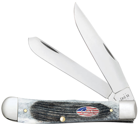 Case 53060 Trapper Stars & Stripes Folding Knife, Clip/Spey Tru-Sharp SS Blades, Sawcut Jig Gray Bone Handle