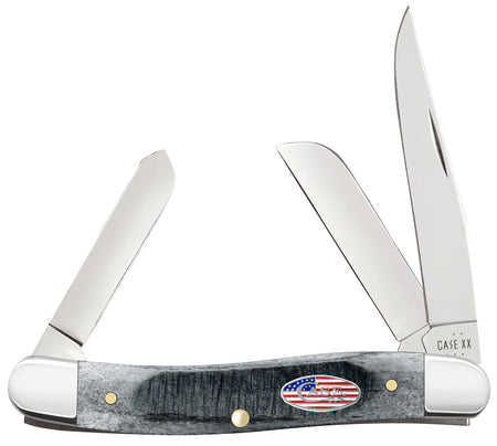 Case 53061 Stockman Stars & Stripes Medium Folding Knife, Clip/Pen/Sheepsfoot Tru-Sharp SS Blades, Gray Bone Handle
