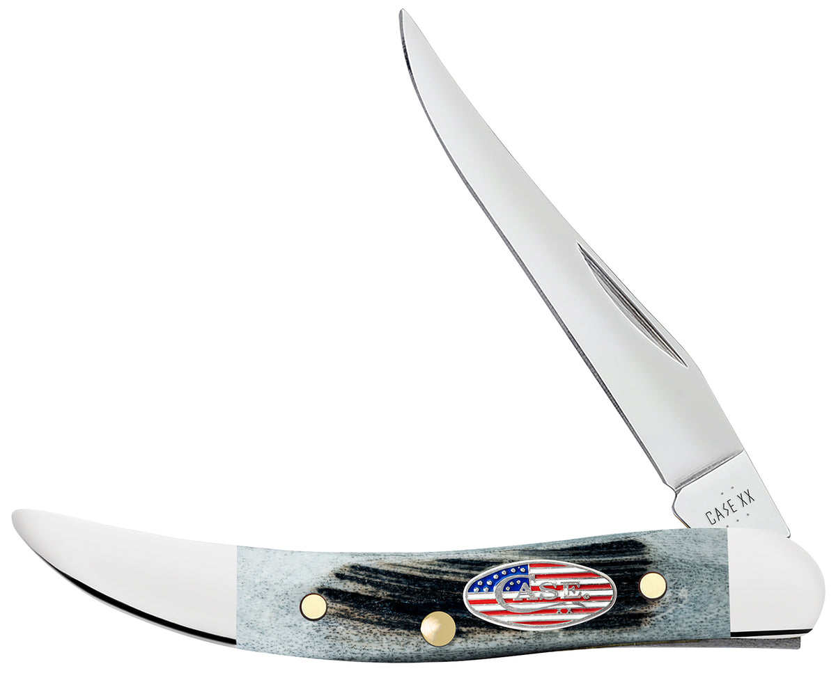 Case 53064 Texas Toothpick Stars & Stripes Small 2.25" Folding Knife, Clip Point Tru-Sharp SS Blade, Jigged Gray Bone Handle