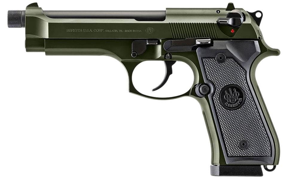 Beretta USA J92F300GRTB18 92FS Full Size 9mm Luger 18+1 5.10" Black Threaded Barrel, OD Green Cerakote Serrated Slide, OD Green Cerakote Aluminum Frame w/Beavertail, Black Textured Grip