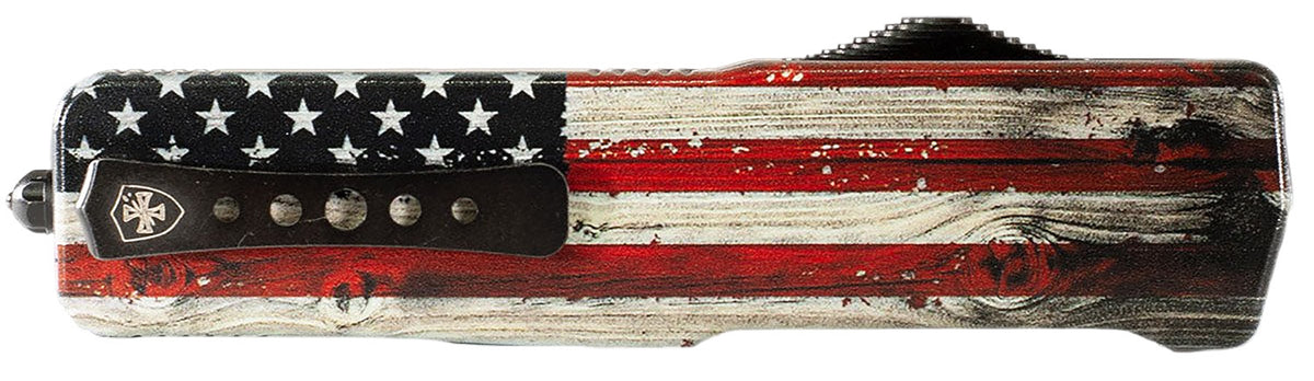 Templar Knife MZWUS121 Premium Weighted Small OTF Dagger 3" Black Oxide D2 Blade, US Flag Wood Grain Aluminum Handle