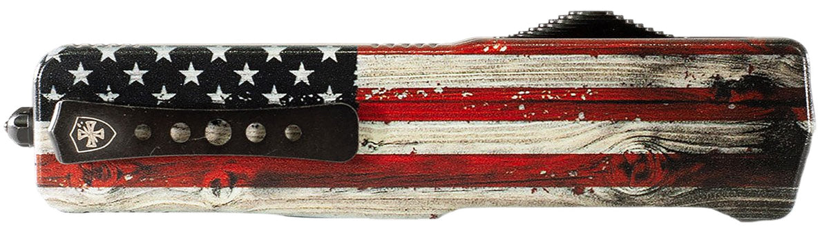 Templar Knife Premium Weighted Slim 3.16" OTF Drop Point Black Oxide D2 Steel Blade Wood Grain US Flag Aluminum Handle