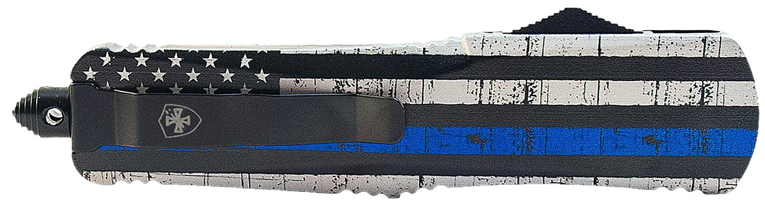Templar Knife Gen II Back The Blue Small 2.75" OTF Drop Point 440C SS Blade B&W US Flag Blue Line Aluminum Handle