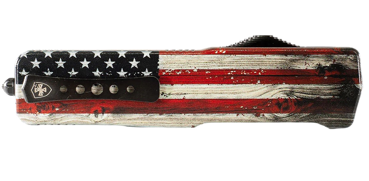 Templar Knife Premium Weighted Wood US Flag Slim 3" OTF Tanto Part Serrated Black Oxide D2 Steel Blade, Painted Wood Grain Aluminum Handle