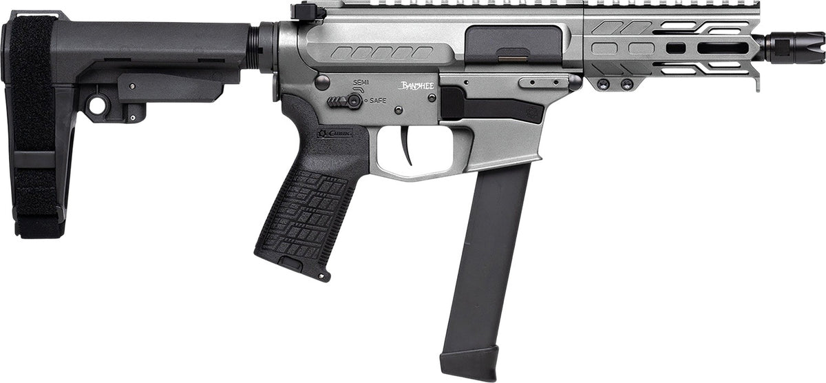 CMMG 99A290FTNG Banshee FE MkGs 9mm Luger 33+1 5" Black Nitride Threaded Barrel, M-LOK Handguard, Tungsten Cerakote Aluminum Receiver w/Picatinny Rail, Black Polymer CMMG RipBrace, CMMG Zeroed Grip