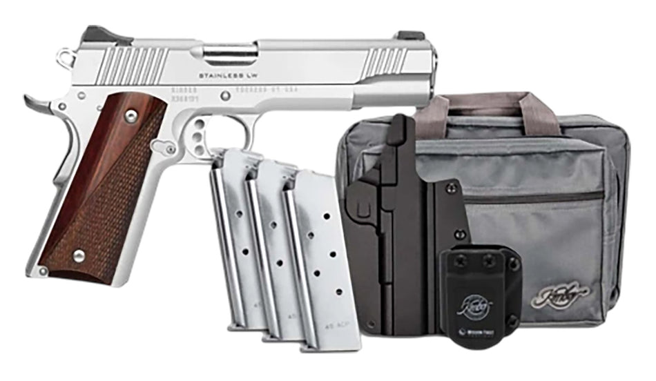 Kimber Mfg, Inc 3700852 Stainless LW Bundle 45 ACP 8+1 5" Match Grade Barrel, Stainless Steel Serrated Slide, Aluminum Frame