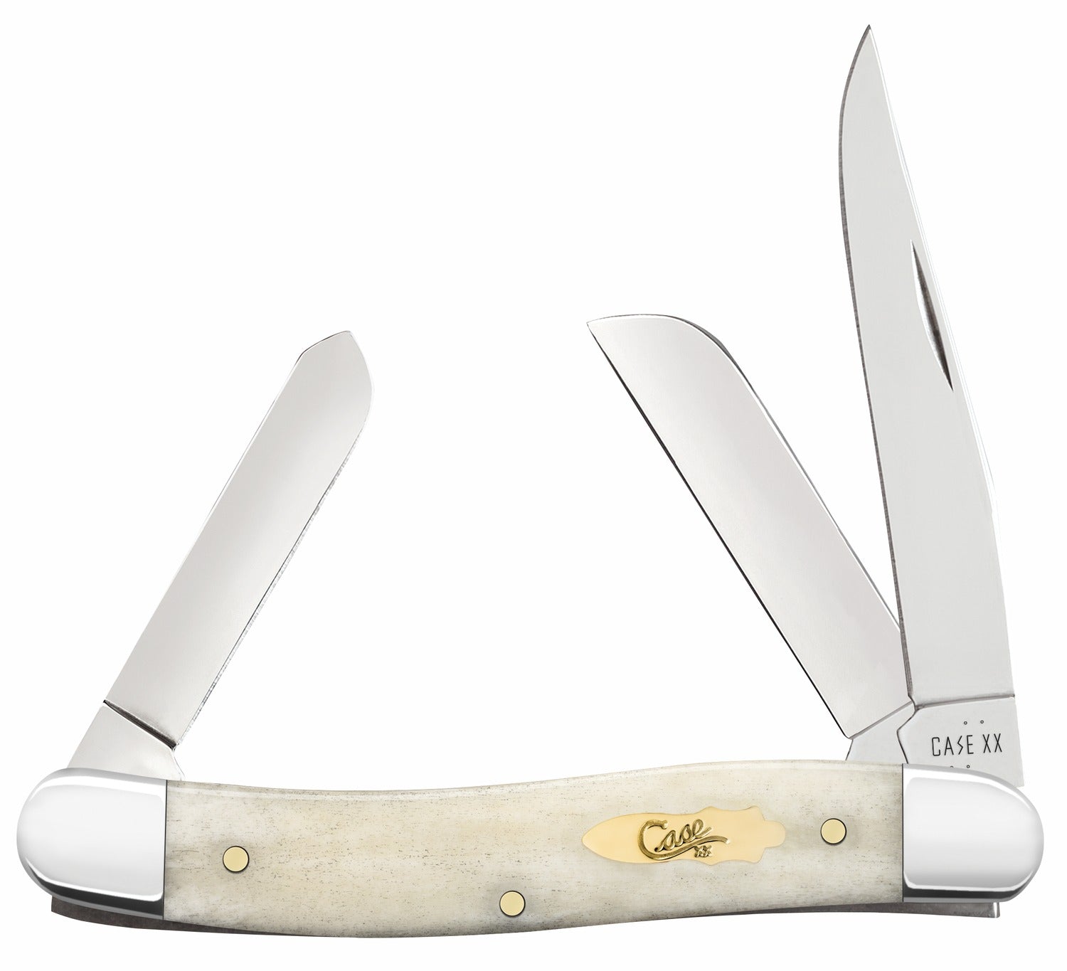 Case 11021 Stockman Medium Folding Knife Clip Point/Pen/Sheepsfoot Carbon Steel Blade, Smooth Natural Bone Handle