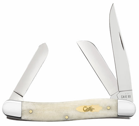 Case 11021 Stockman Medium Folding Knife Clip Point/Pen/Sheepsfoot Carbon Steel Blade, Smooth Natural Bone Handle