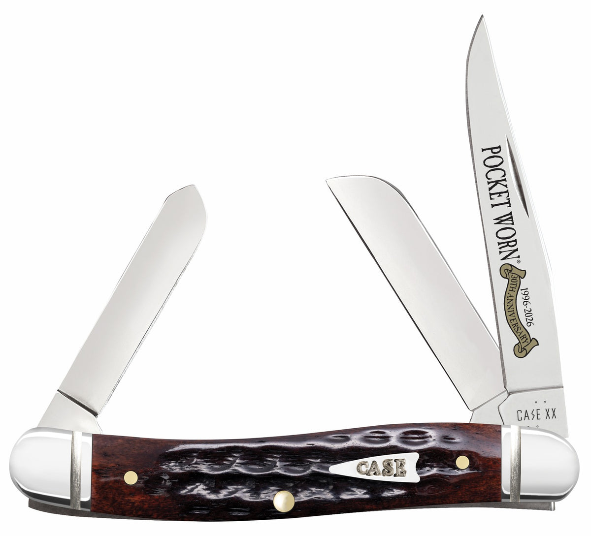 Case 55232 Pocket Worn Stockman Medium Folding Knife Clip Point/Pen/Sheepsfoot Tru-Sharp SS Blade, Jigged Mahogany Bone Handle