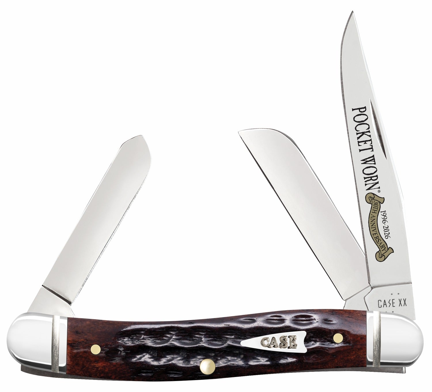 Case 55232 Pocket Worn Stockman Medium Folding Knife Clip Point/Pen/Sheepsfoot Tru-Sharp SS Blade, Jigged Mahogany Bone Handle