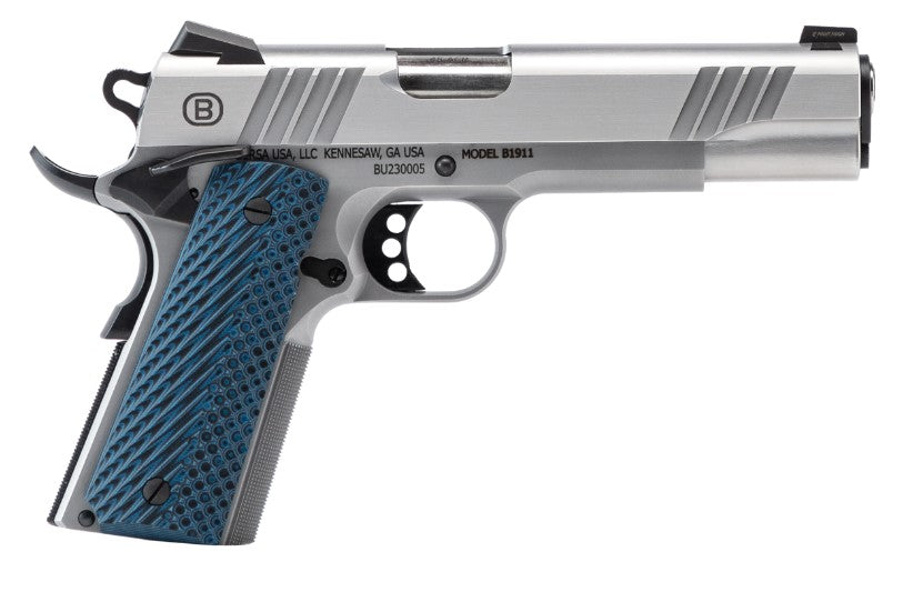 Bersa B19117050SMBL B1911 Full Size Frame 45 ACP 8+1 5" Stainless Steel Barrel, Polished Stainless Serrated Steel Slide, Matte Stainless Stainless Steel Frame w/Beavertail, Blue VZ Grip, Ambidextrous