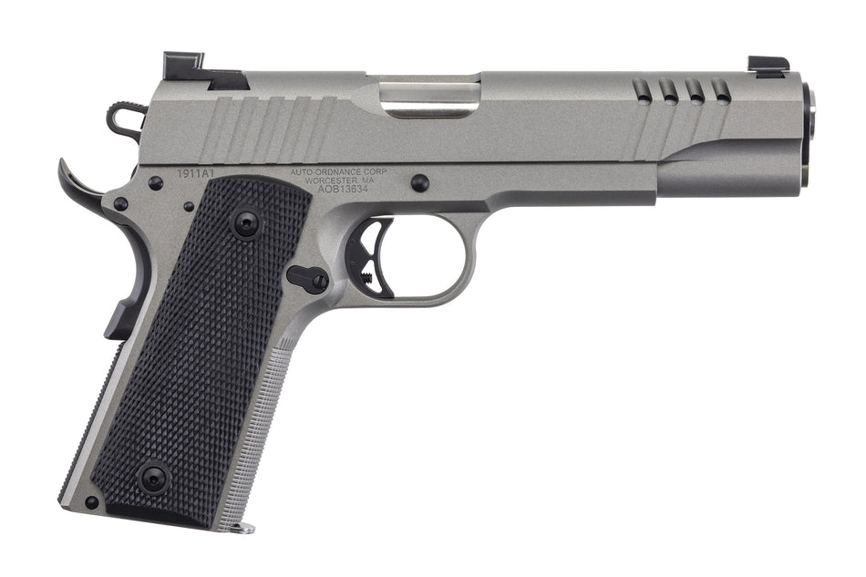 Auto-Ordnance 1911TCAC6N 1911 A1 45 ACP 7+1 5" Savage Silver Cerakoate, Serrated/Ported Slide, Black Rubber Grips, TruGlo Night Sights