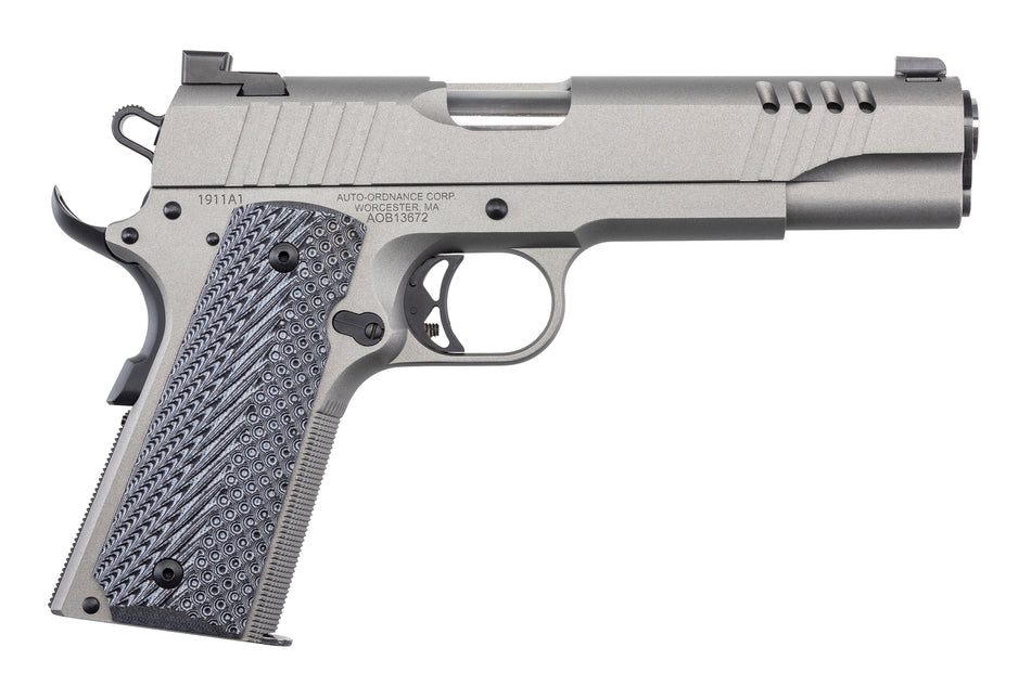 Auto-Ordnance 1911TCAC6 1911 A1 45 ACP 7+1 5" Savage Silver Cerakoate, Serrated/Ported Slide, Black Rubber Grips, Fixed 3-Dot Combat Day Sights