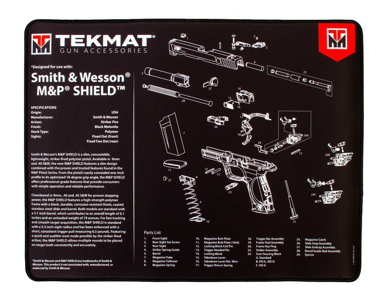 TekMat S&W M&P Shield Ultra Premium Gun Cleaning Mat, 15x20 Inch, Includes Microfiber TekTowel TEK-R20-SW-MP-SHIELD