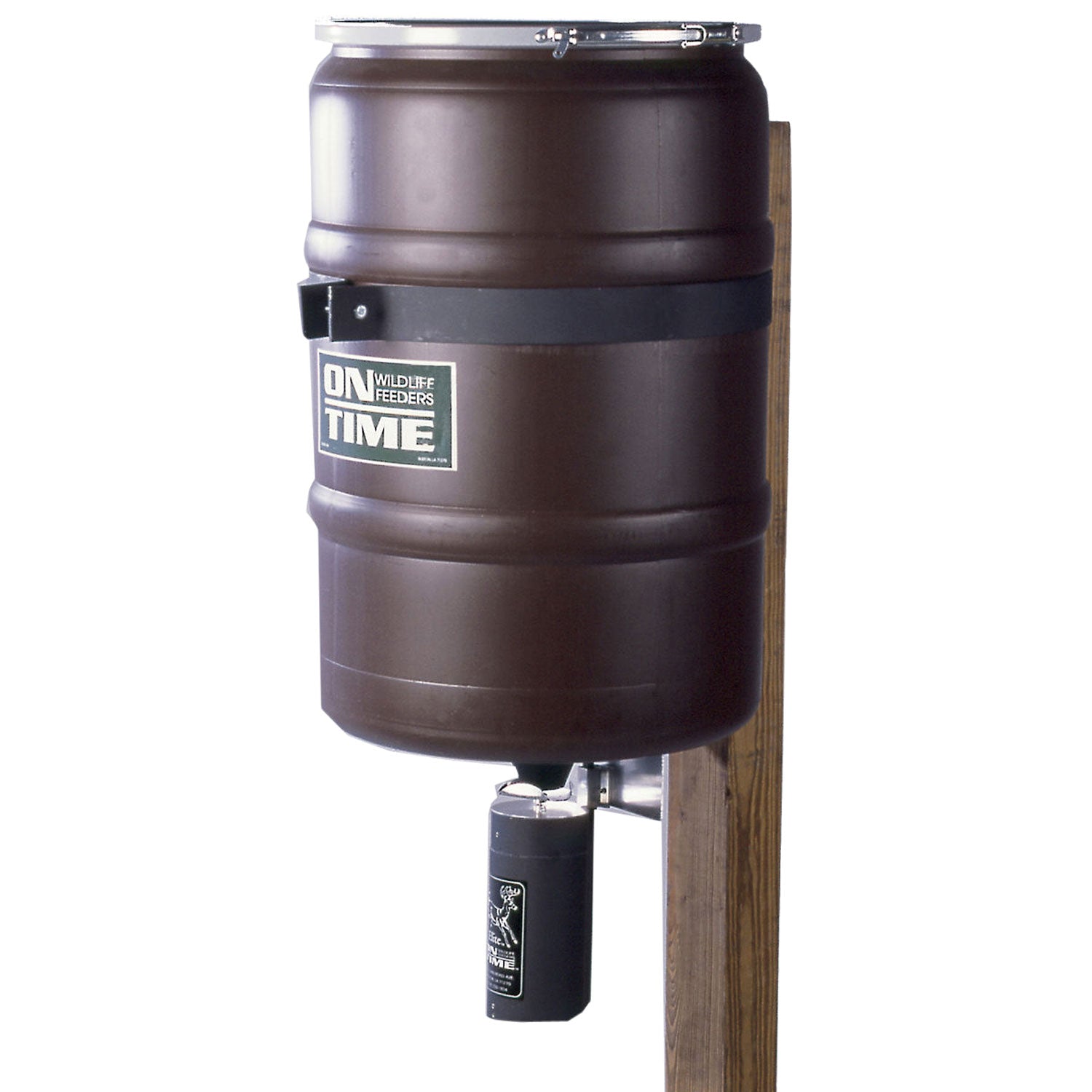 On Time 50003 Elite Lifetime Fish Feeder Combo, 25 Gallon Capacity, Built-In Agitator, Steel Band with Welded Bracket