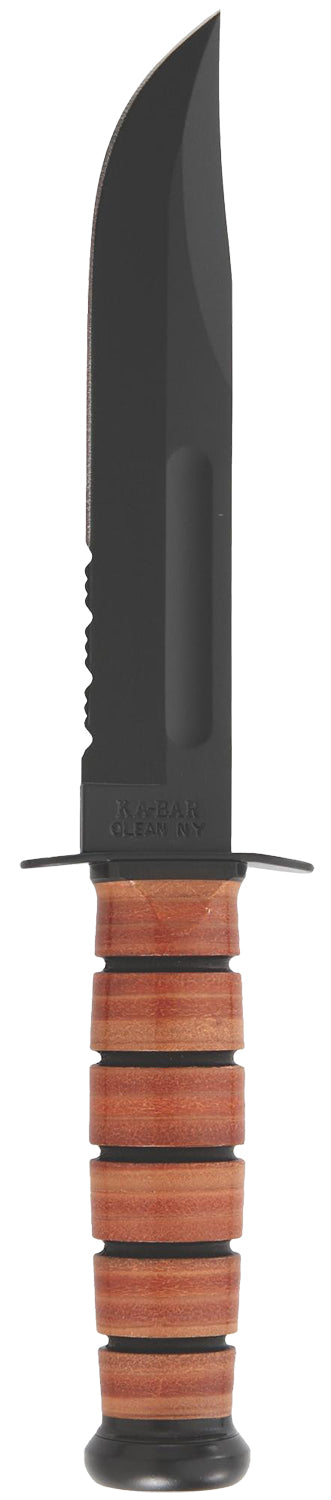 Ka-Bar 1218 USMC Fighting/Utility 7" Fixed Clip Point Part Serrated Black 1095 Cro-Van Blade, Brown Leather Handle with Sheath