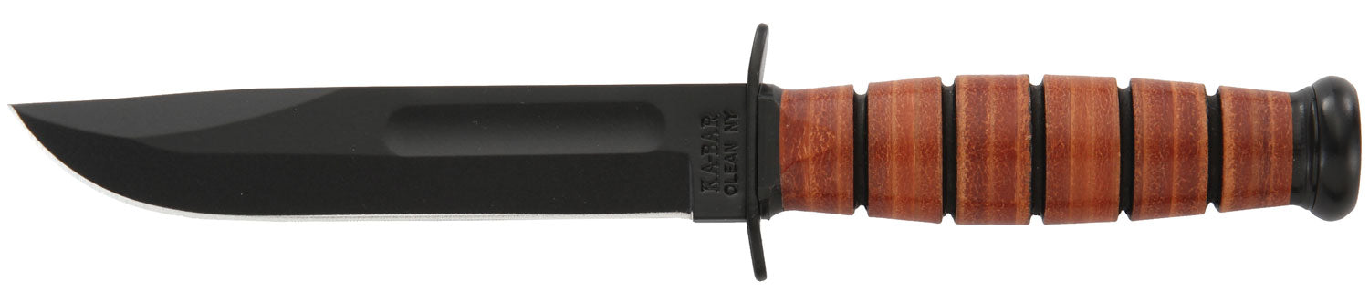 Ka-Bar 1250 Short USMC 5.25" Fixed Clip Point Plain Black 1095 Cro-Van Blade, Brown Leather Handle with Sheath