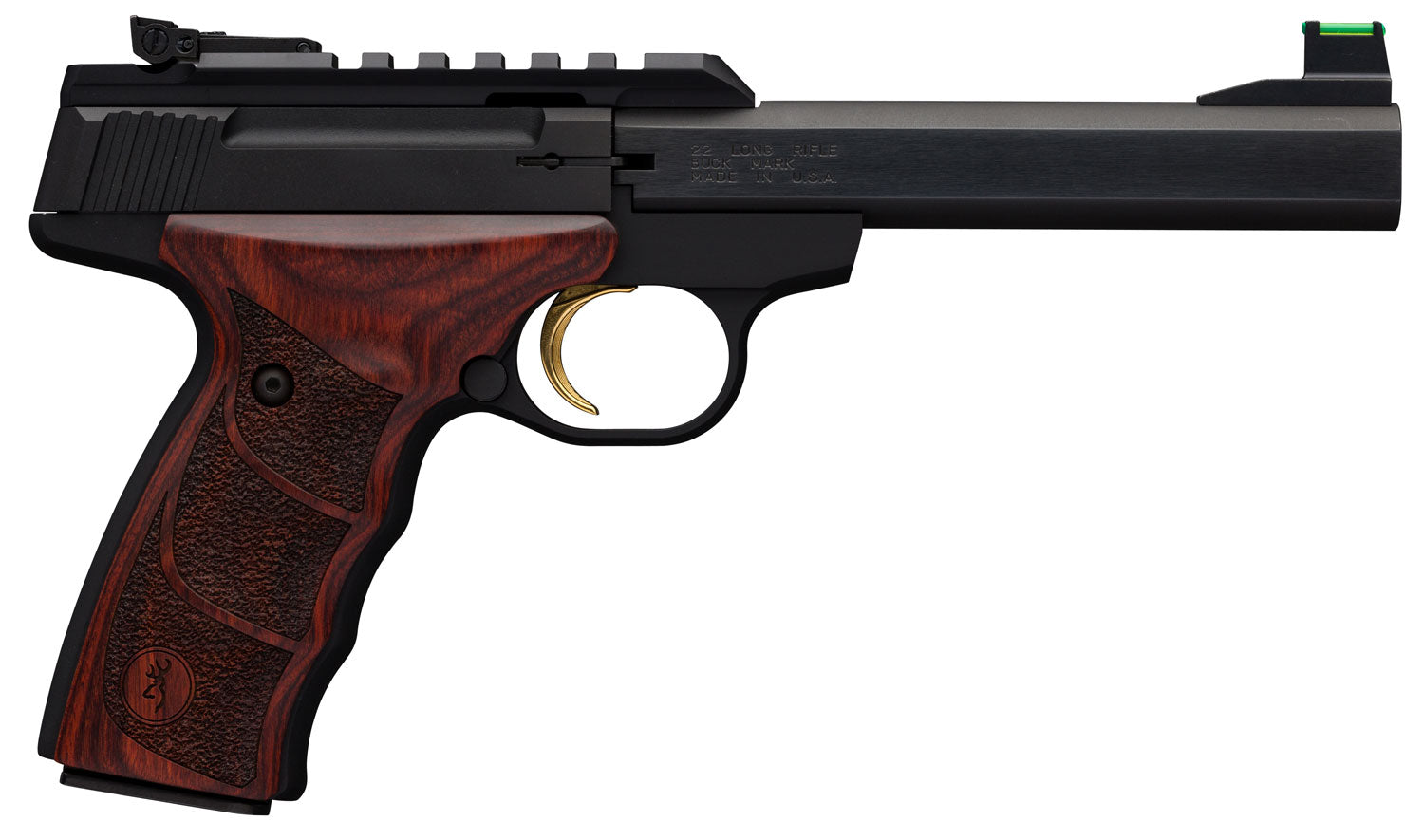 Browning 051533490 Buck Mark Plus 22 LR 10+1 5.50" Slab Side Barrel Matte Black Serrated Steel/Optic Ready Slide & Aluminum Frame Rosewood Finger Grooved Ultragrip DX Grip