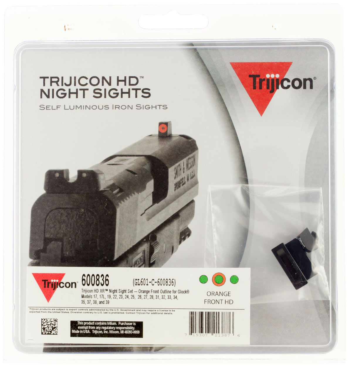 Trijicon 600836 HD XR Night Sight Set Green Tritium Orange Outline Front & Green Tritium Rear for Glock 17/17L/19/22 Standard Frame