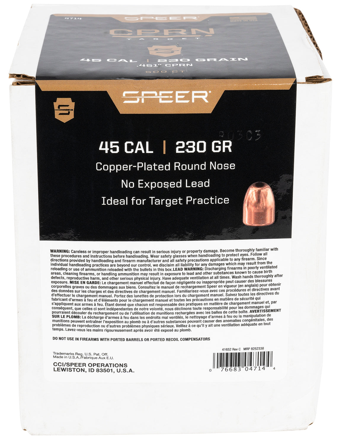 Speer 45Cal 230gr Round Nose Copper-Plated Plinker Bullets 500/Box