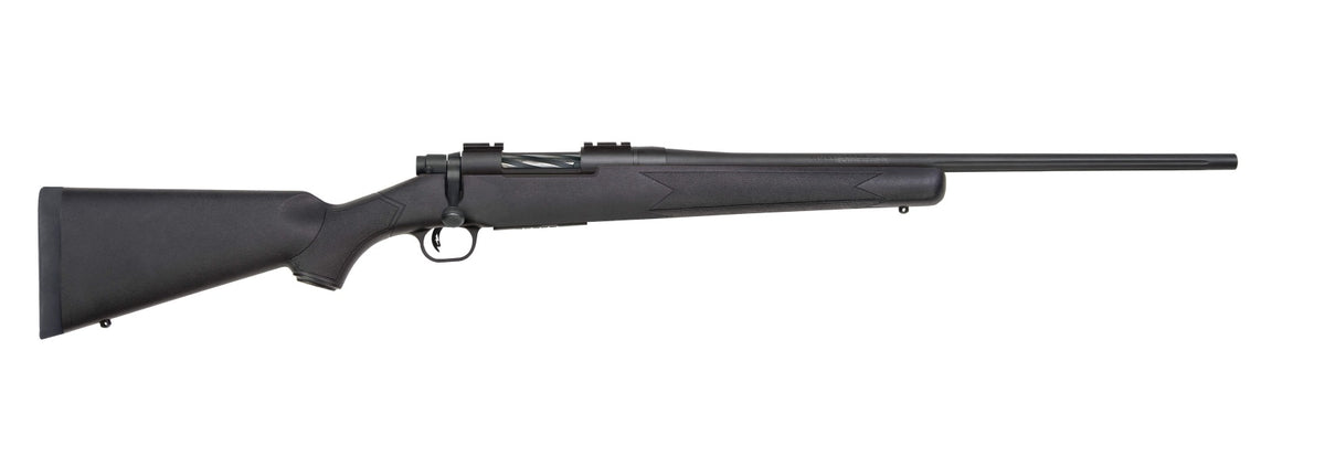 Mossberg 27838 Patriot Full Size 243 Win 5+1 22" Matte Blued Fluted Barrel, Drilled & Tapped Matte Blued Stainless Steel Receiver, Black Fixed Synthetic Stock, Right Hand