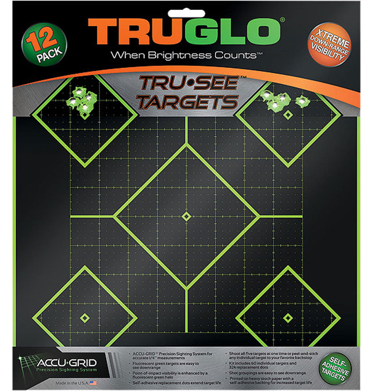 TruGlo Tru-See 5-Diamond Target Self-Adhesive Heavy Paper Black/Green 12"x12" 12 Pack (TG14A12)