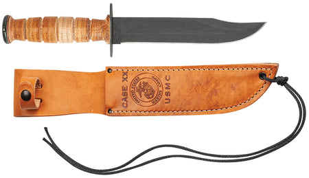 Case 00334 USMC 7" Fixed Blade Knife, Blackened Carbon Steel Clip Point Blade, Grooved Leather Handle with Sheath