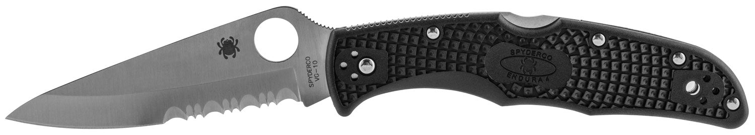 Spyderco C10PSBK Endura 4 Lightweight Folding Knife 3.75" Drop Point Part Serrated VG-10 SS Blade, Black FRN Handle